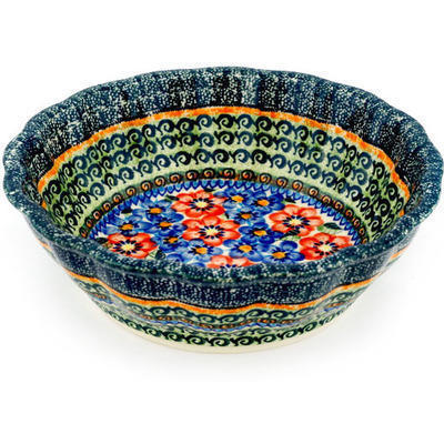 Polish Pottery Fluted Bowl 10&quot; Blue And Red Poppies UNIKAT
