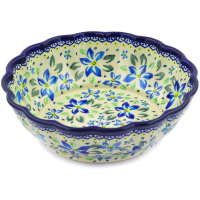 Polish Pottery Fluted Bowl 10&quot; Blue Clematis
