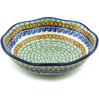 Polish Pottery Fluted Bowl 10&quot; Blue Leaves
