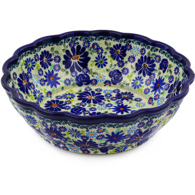 Polish Pottery Fluted Bowl 10&quot; Blue Summer Garden