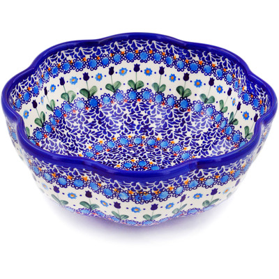 Polish Pottery Fluted Bowl 10&quot; Blue Tulip Garden UNIKAT