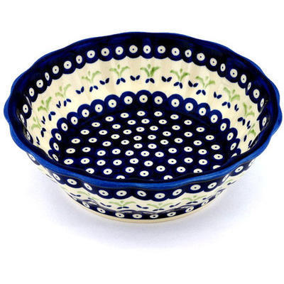 Polish Pottery Fluted Bowl 10&quot; Budding Peacock