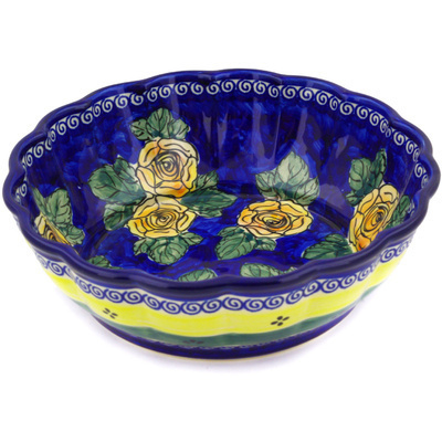 Polish Pottery Fluted Bowl 10&quot; Cabbage Roses