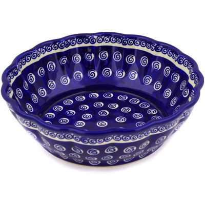 Polish Pottery Fluted Bowl 10&quot; Cobalt Swirl