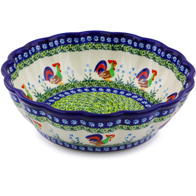 Polish Pottery Fluted Bowl 10&quot; Country Rooster UNIKAT