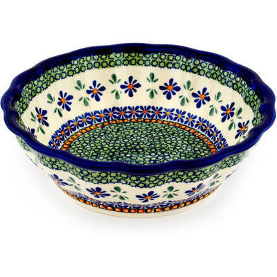 Polish Pottery Fluted Bowl 10&quot; Gingham Flowers