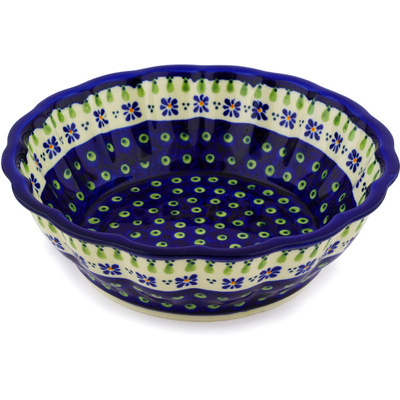 Polish Pottery Fluted Bowl 10&quot; Green Gingham Peacock