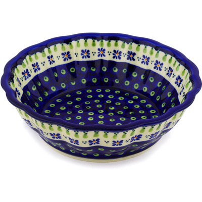 Polish Pottery Fluted Bowl 10" Green Gingham Peacock