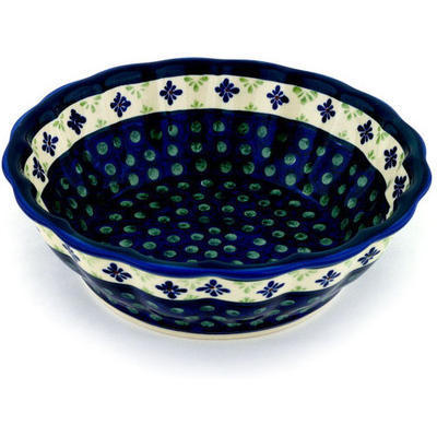 Polish Pottery Fluted Bowl 10&quot; Green Gingham Peacock
