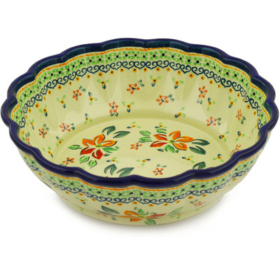 Polish Pottery Fluted Bowl 10&quot; Orange Clematis