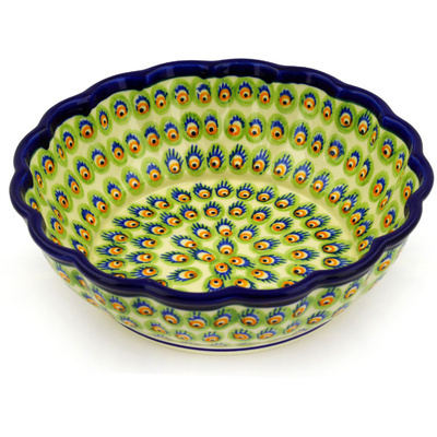 Polish Pottery Fluted Bowl 10&quot; Peacock Feathers