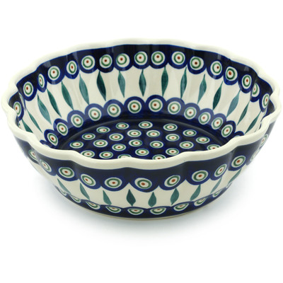 Polish Pottery Fluted Bowl 10&quot; Peacock Leaves
