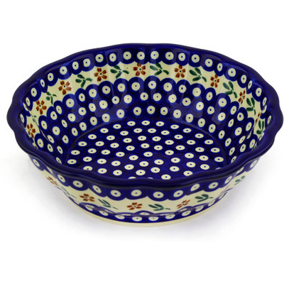 Polish Pottery Fluted Bowl 10&quot; Red Daisy Peacock