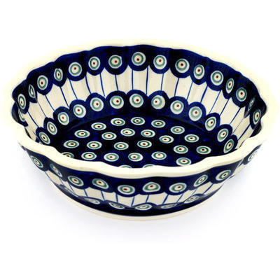 Polish Pottery Fluted Bowl 10&quot; Traditional Peacock