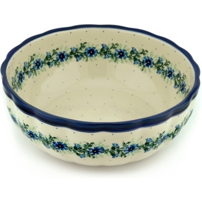 Polish Pottery Fluted Bowl 11&quot; Blue Bell Wreath