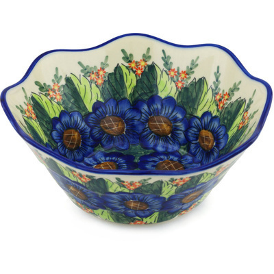 Polish Pottery Fluted Bowl 11&quot; Blue Bouquet UNIKAT