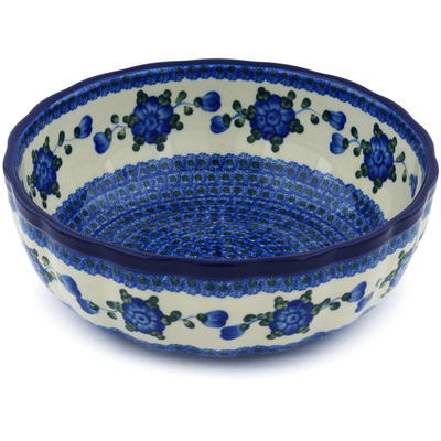 Polish Pottery Fluted Bowl 11&quot; Blue Poppies