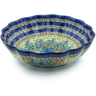 Polish Pottery Fluted Bowl 11&quot; Bluebonnets And Roses UNIKAT