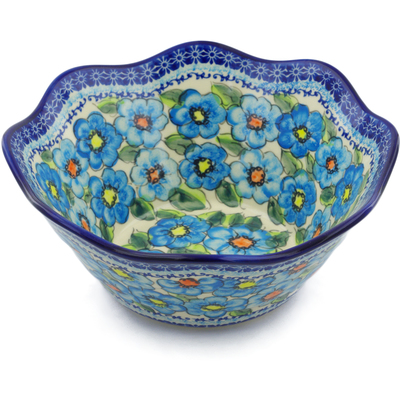 Polish Pottery Fluted Bowl 11&quot; Bold Blue Poppies UNIKAT