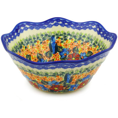 Polish Pottery Fluted Bowl 11&quot; Bold Poppies UNIKAT