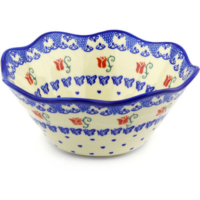Polish Pottery Fluted Bowl 11&quot; Butterfly Tulips