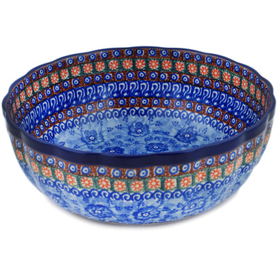 Polish Pottery Fluted Bowl 11&quot; Dancing Blue Poppies UNIKAT