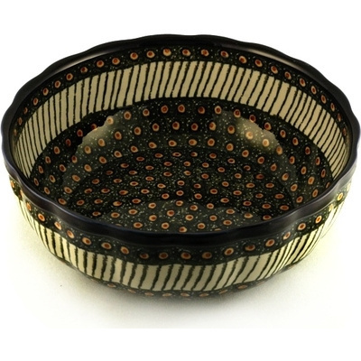 Polish Pottery Fluted Bowl 11&quot; Emerald Peacock