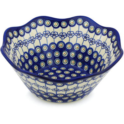 Polish Pottery Fluted Bowl 11&quot; Flowering Peacock