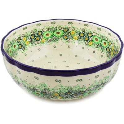 Polish Pottery Fluted Bowl 11&quot; Green Wreath UNIKAT