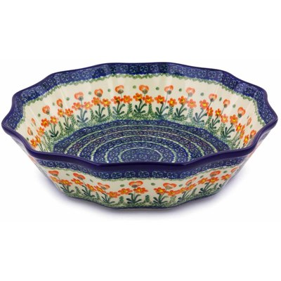 Polish Pottery Fluted Bowl 11&quot; Peach Spring Daisy