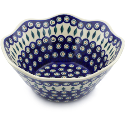 Polish Pottery Fluted Bowl 11&quot; Peacock
