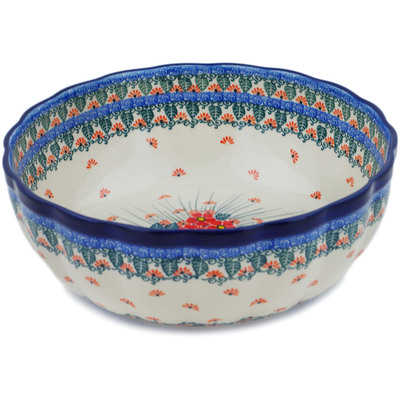 Polish Pottery Fluted Bowl 11&quot; Pink Forget Me Not UNIKAT