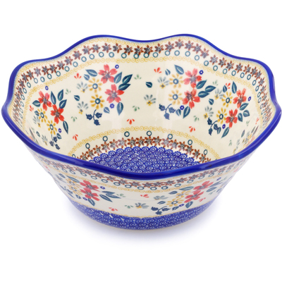 Polish Pottery Fluted Bowl 11&quot; Red Anemone Meadow UNIKAT