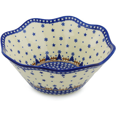 Polish Pottery Fluted Bowl 11&quot; Winter Snow