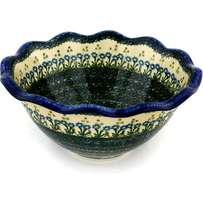 Polish Pottery Fluted Bowl 12&quot; Blue Daisy Circle