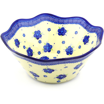 Polish Pottery Fluted Bowl 13&quot; Bleu-belle Fleur