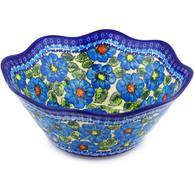 Polish Pottery Fluted Bowl 13&quot; Bold Blue Poppies UNIKAT