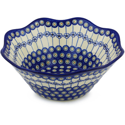 Polish Pottery Fluted Bowl 13&quot; Flowering Peacock