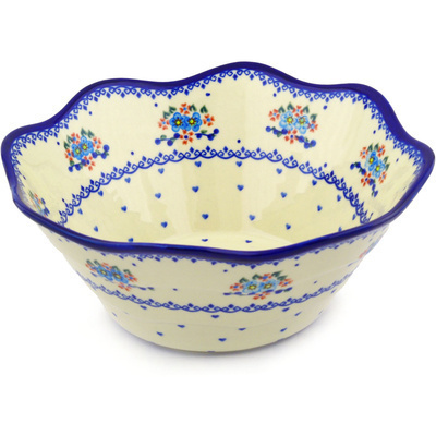 Polish Pottery Fluted Bowl 13&quot; Hearts And Flowers