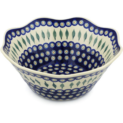 Polish Pottery Fluted Bowl 13" Peacock