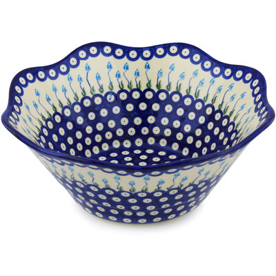Polish Pottery Fluted Bowl 13&quot; Peacock Tulip Garden