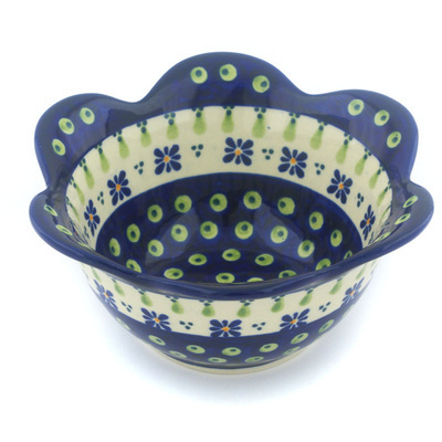 Polish Pottery Fluted Bowl 3&quot; Green Gingham Peacock