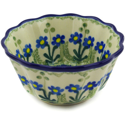 Polish Pottery Fluted Bowl 4&quot; Blue Daisy Circle