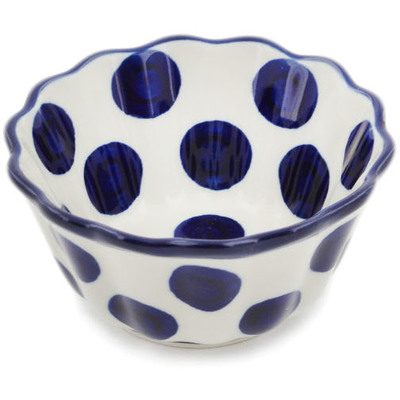 Polish Pottery Fluted Bowl 4&quot; Bold Blue Dots