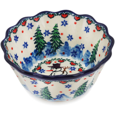 Polish Pottery Fluted Bowl 4&quot; Dancing Snowman UNIKAT