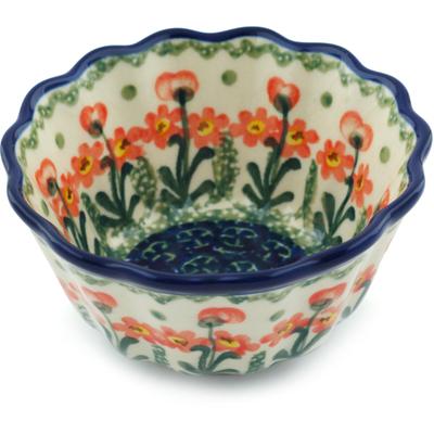 Polish Pottery Fluted Bowl 4&quot; Peach Spring Daisy