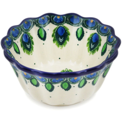 Polish Pottery Fluted Bowl 4&quot; Peacock Feather