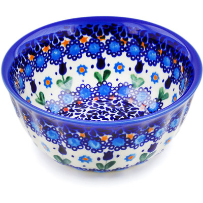 Polish Pottery Fluted Bowl 5&quot; Blue Tulip Garden UNIKAT