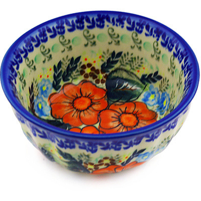 Polish Pottery Fluted Bowl 5&quot; Bold Red Poppies UNIKAT