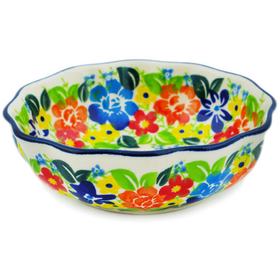 Polish Pottery Fluted Bowl 5&quot; Bright Wildflowers UNIKAT
